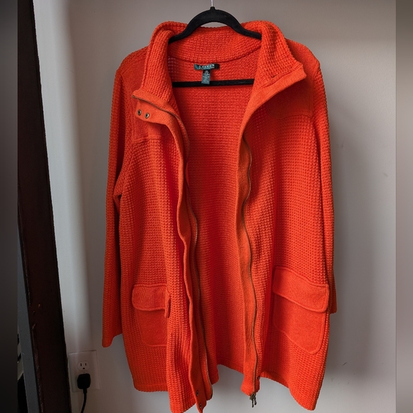 Lauren Ralph Lauren Women's 2X Knit Sweater Orange Full Zip Button - Picture 5 of 6